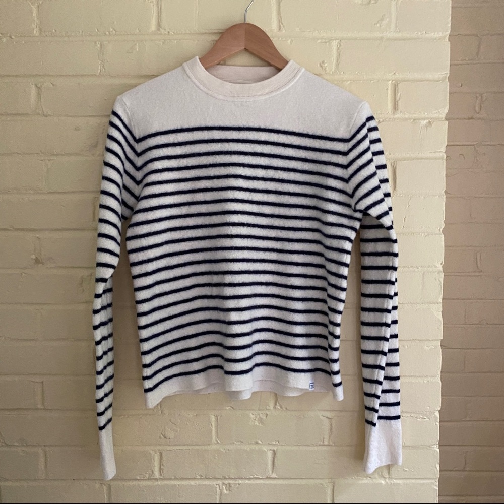 Norse Projects Cream and Blue Striped 100% Wool Sweater Size Small